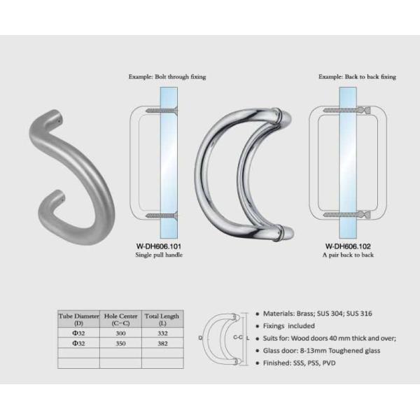 Dia. 32mm tub curved design gate handles brass / SUS exterior door handles set W-DH606 glass shower door handle