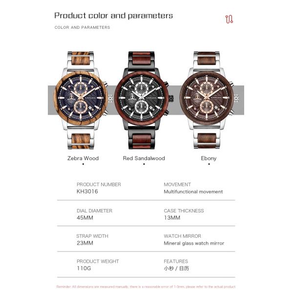 220mm Luminous 3ATM Waterproof Wooden Quartz Watch