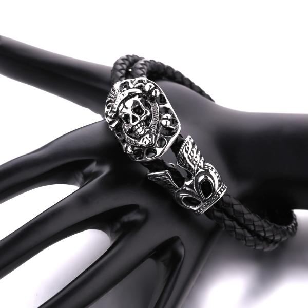 Man's leather bracelet man's stainless steel skull magnetic clasp bracelet