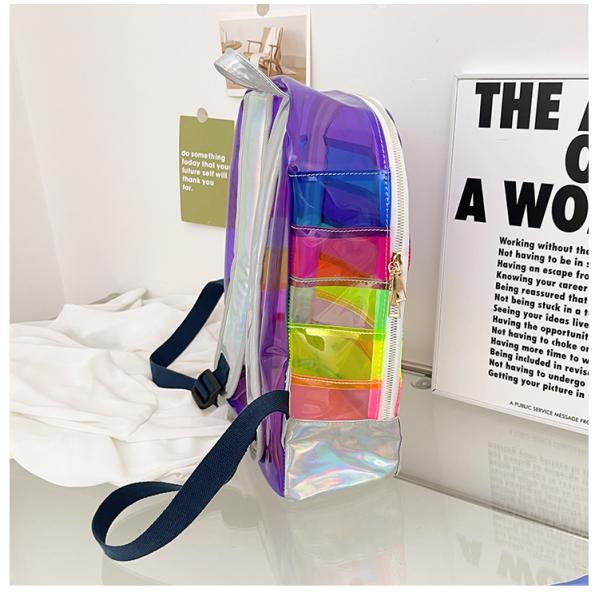 Stylish Transparent PVC Backpack Women's Jelly Stripe Stitching Rainbow Hologram for Daily