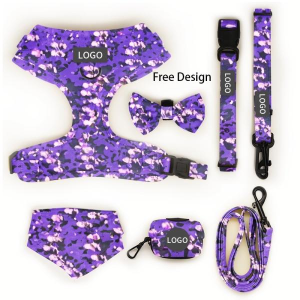 Custom Designers Dogs Logo Luxury Soft Padded Reversible Dog Harness Vest and Collar Leash Bow Bandana Pet Harness Sets