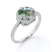 El racimo Asscher del bisel del halo cortó la ágata lechosa opaca de Moss Green y Moissanite pavimenta el anillo de compromiso