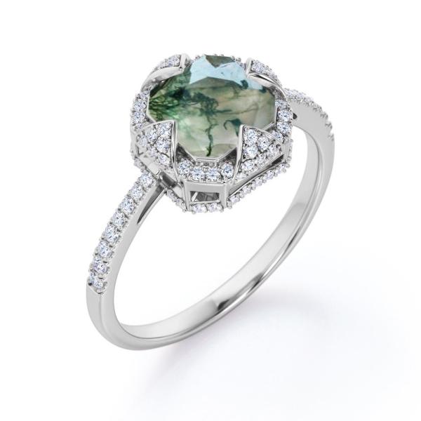 Группа Asscher шатона венчика отрезала непрозрачный Milky агат мха зеленый и Moissanite вымощает обручальное кольцо
