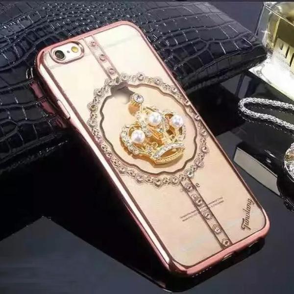 Plating TPU Flower Pattern Diamond Pearl Crown Bracket Cell Phone Case For iPhone 7 6s Plus