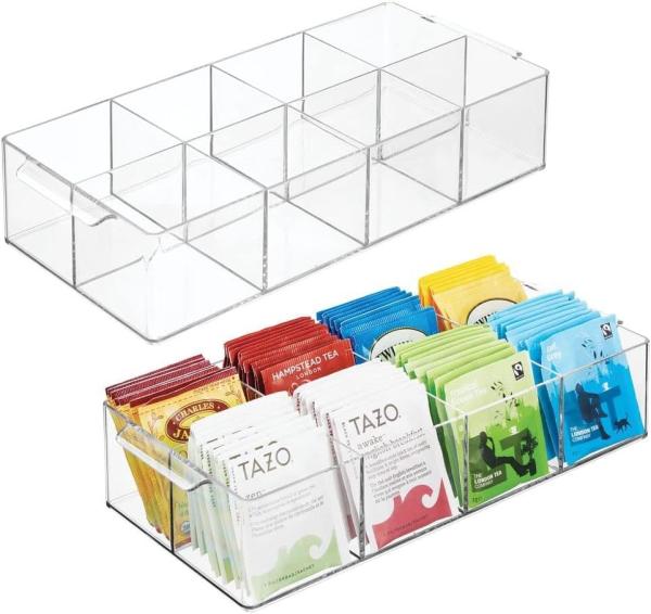 Plastic Condiment Organizer and Tea Bag Holder - 8-Compartment Kitchen Pantry/Countertop Storage Caddy - Divided Chip
