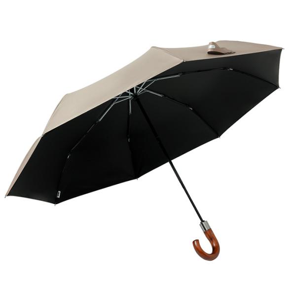 8 Ribs Fiberglass Automatic 3 Fold Umbrella With Wood Handle