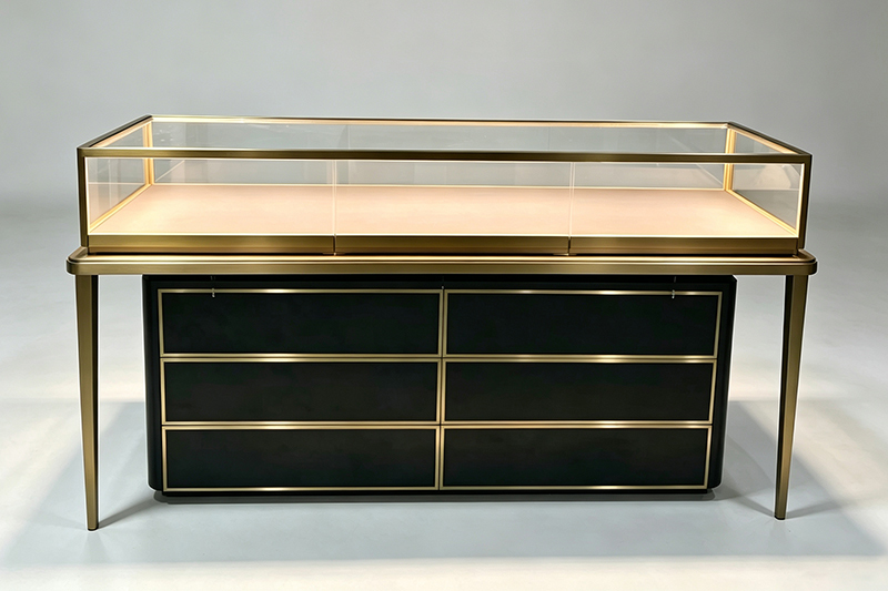 Luxury Gold‑Framed Jewelry Counter With Side Pull‑Out Display Trays & Storage