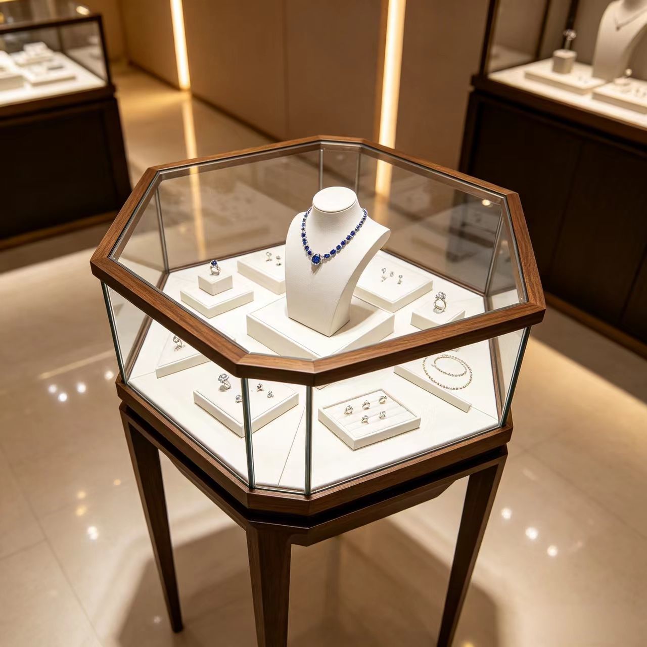 Luxury Island Display Cabinet with High CRI LED Soft-Close Mechanism and Ultra-Clear Tempered Glass for Showrooms