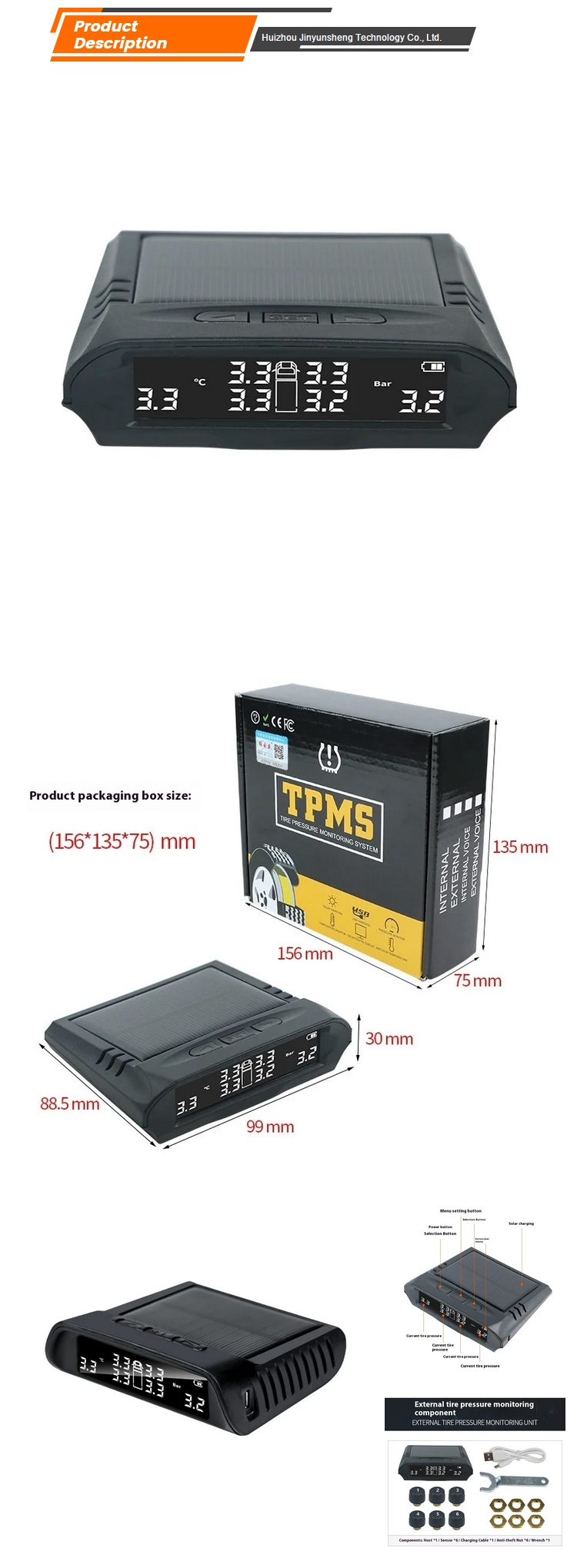 Car TPMS Tire Pressure Monitor with Built-In External Wireless Solar Sensor Digital Plastic