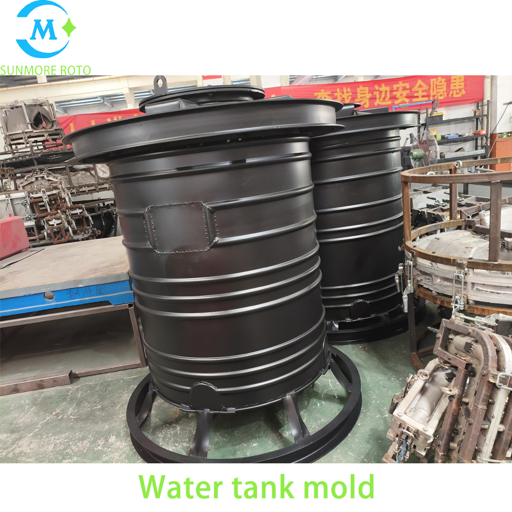 SUNMORE ROTO OEM Custom Ribbed Vertical Water Tank Rotomolding Iron Mould, Thick Cast Steel Plastic Reinforced Storage Tank Mold With Bottom Radial Support Frame & Full Circle Toggle Quick Clamps