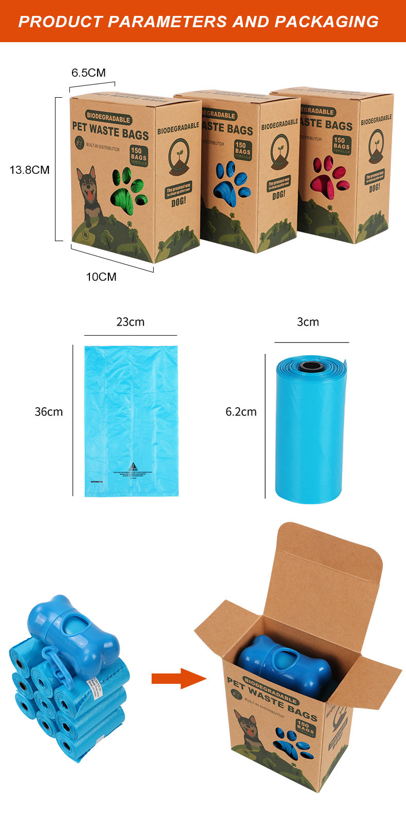 Пакет Rolls сумки 10 кормы собаки отхода 23*33cm*15microns любимца Biodegradable