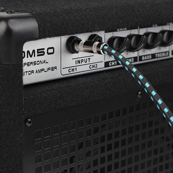 10FT Durable Blue Braided 90 Degree Angled to Straight 1/4 TS Jack Electric Instrument Guitar Patch Cable