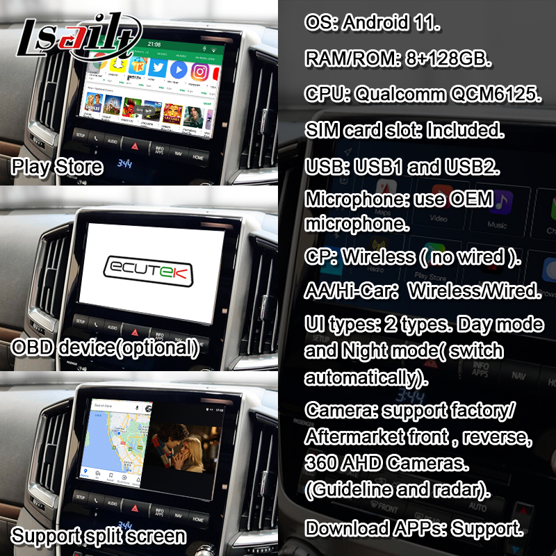 Lsailt 8+128GB Android Инфоразвлекательный интерфейс для Land Cruiser 2013-2021 LC200 с беспроводным CarPlay, NetFlix, YouTube