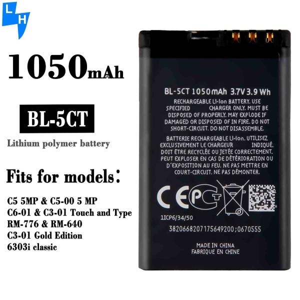 1050mAh BL-5CT Bateria de iões de lítio para C5 5MP C6-01 RM-776 Smartphone Performance Enhanced