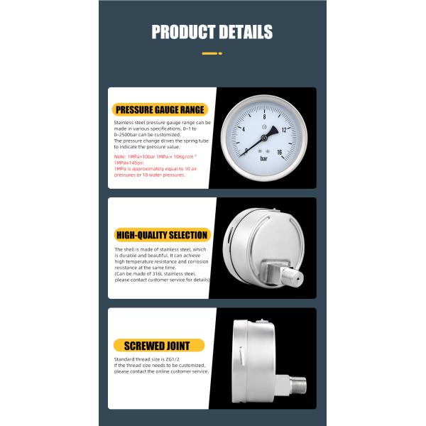 OEM Supported Universal 100mm 1.6% Full ss Manometer Pressure Gauge for Gas and Liquid
