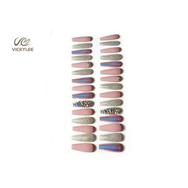 Glossy Pink Purple Hologram long coffin acrylic nails With Glitter