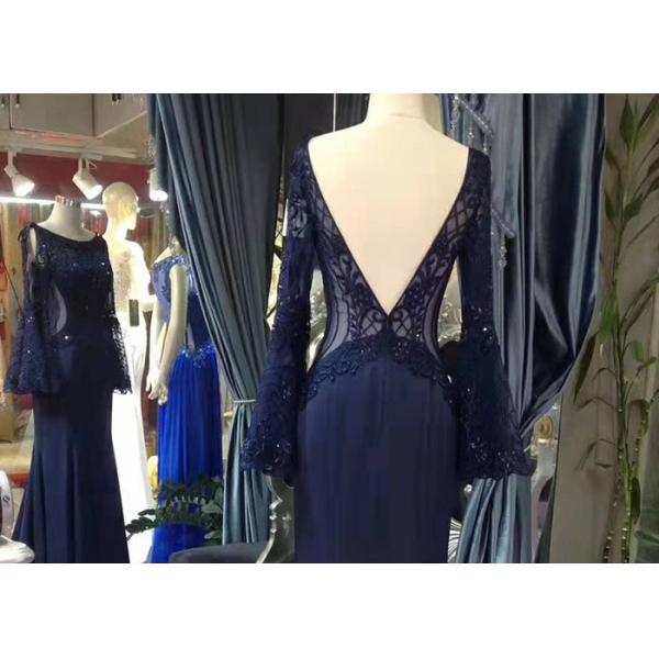 Top Backless Navy Blue Mermaid Dress / Sweep Train Prom Dress Long Horn Sleeve