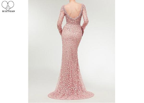 Pink Sexy Mermaid Prom Dresses Perspective Waist Back Lace Beaded Sweep Train