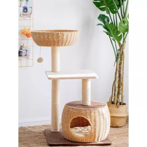 Rattan Modern Cat Tree with Nest Kennel and Scratching Post Four Seasons Universal Carton Packed Halloween/Christmas Decor