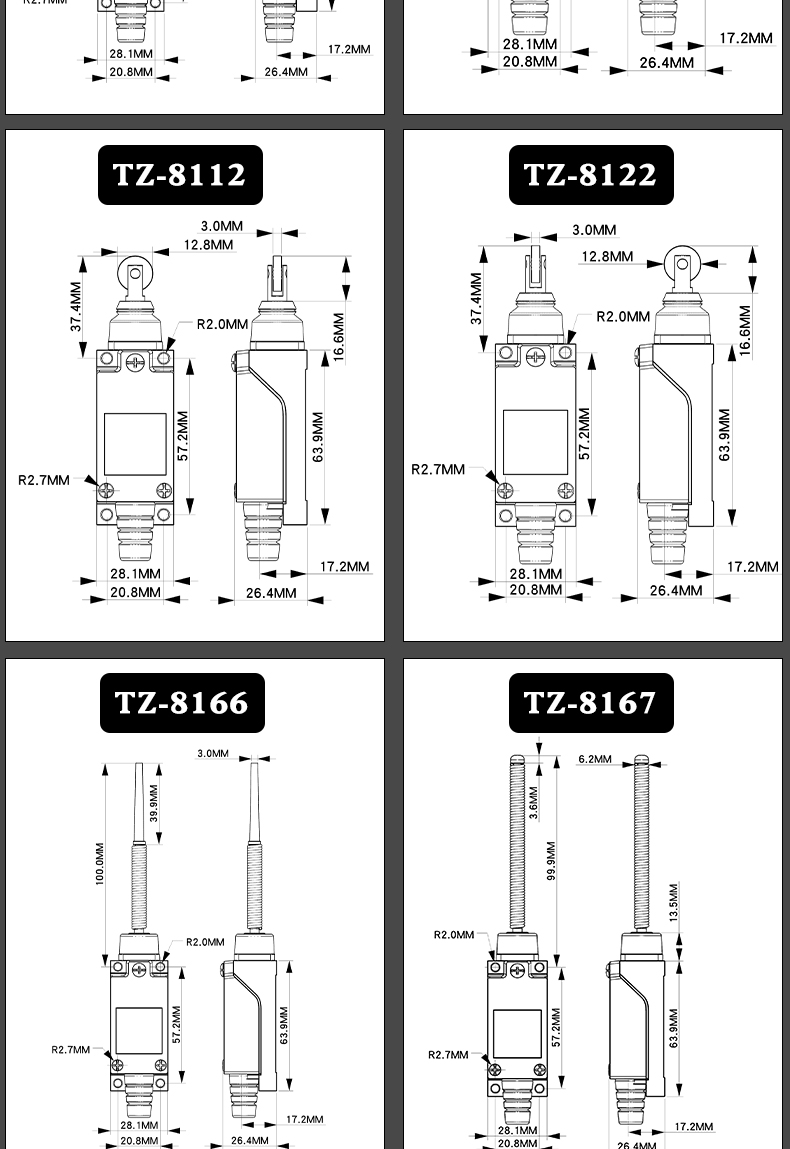 Yizhi TZ-8104/8108 Travel Switch Micro Miniature Industrial Waterproof Self-Reset Limit Switch IP65 220V 1NO1NC IK09 Touch Flame