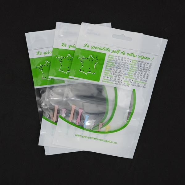 Customized logo OPP plastic golf bag with wooden golf tee/ 3 side seal laminated plastic bag with hanger