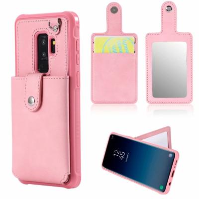 Samsung Galaxy S9 Leather Hidden Mirror Case with Card Slots Stay Back Cover with Strap