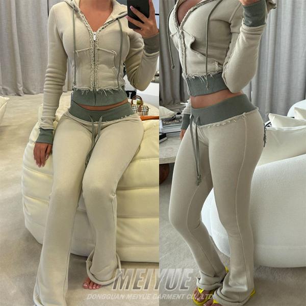 Custom Embroidery Distressed Crop Top Zip up Hoodie Sweatsuit Joggers Two Piece Set Women Clothing Sweatpants and Hoodie Set