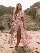 Red Color Floral Casual Dress High Waisted Summer Printed Dresses
