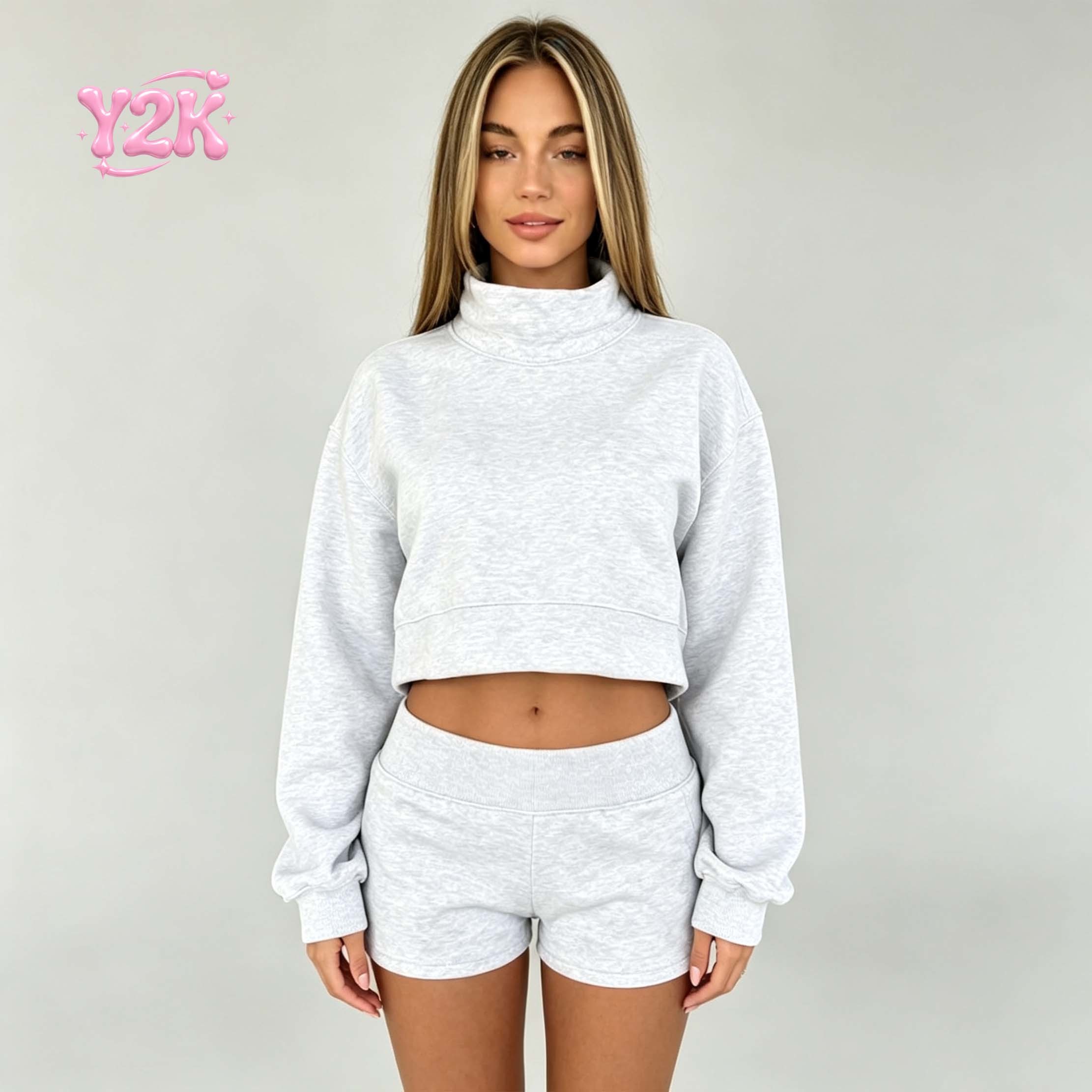 Custom Grey Cropped Sweatshirt & High Waist Shorts Lounge Set
