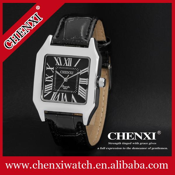 Tank Shape Unique Design Wristwatches Man Roma Numbers Stainless Steel Case Leather Watch