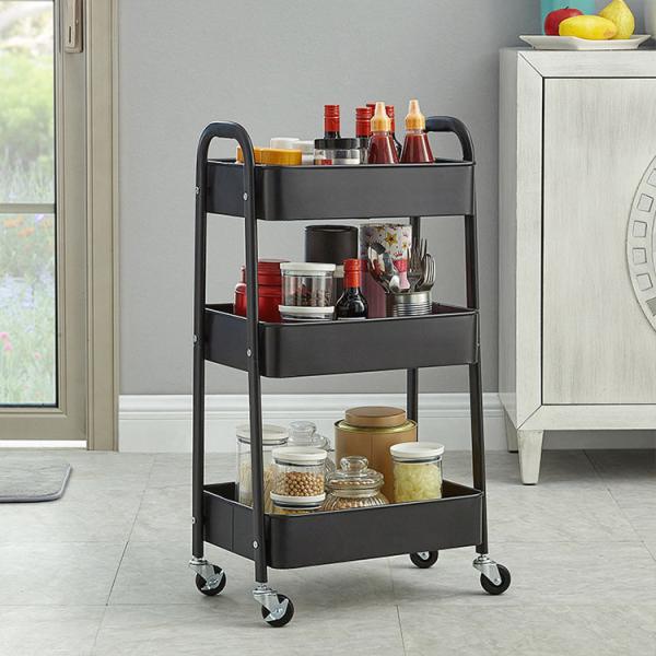 3 Tier Household Kitchen Living Room Movable Metal Storage Cart With 4 Wheels