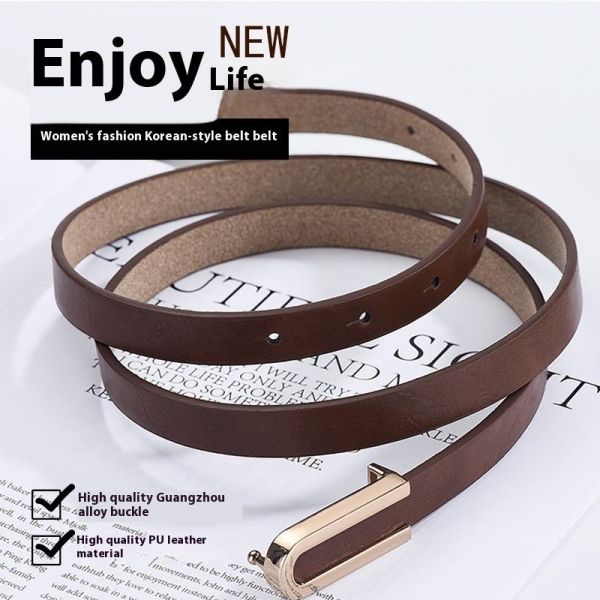 Korean-Style Leather Belts U-Shaped Gold Buckle Belts Thin Adjustable Women Belts
