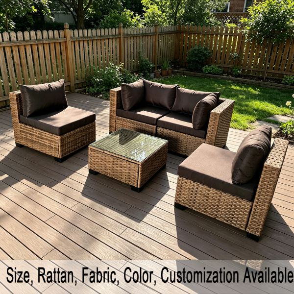 Wholesale Sectional Sofa Garden Corner Set Factory Hot Sale Customizable 5 Pieces Outdoor Rattan Sofa Brown