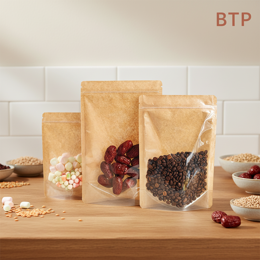 Brown Clear Front Recycled Kraft Paper Back Corner Flat Zip Lock Food Grade Digital/Gravure Printing Stand Pouch Packaging Bag