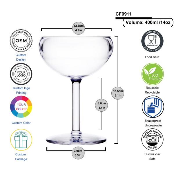 Food Grade Plastic Martini Glasses 14oz 400ml Margarita Plastic Coupe Glasses