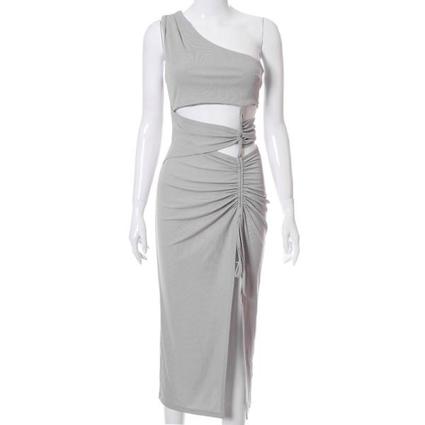 Drawstring Womens Party Maxi Dresses Stitching Slanting Shoulder Navel High Fork