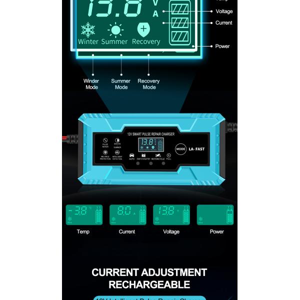 12V/24V Output 8a Pulse Repair Smart Fast Charger for Car Motorcycle Power Supply Adapter Included