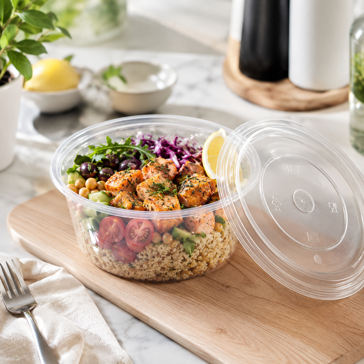 Lids Wide Round PP Disposable Soup Containers 1250ml For Salads Pasta Large Takeaway Meals