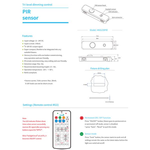 HNS135PIR Флэш-монтаж 12V постоянного тока вход 0-10v PIR диммируемый датчик движения