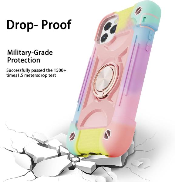 iPhone 12 Pro Max Case 6.7 - Heavy-Duty Shockproof, Ring Stand, Glass Screen & Camera Lens Protector (Rainbow Pink)