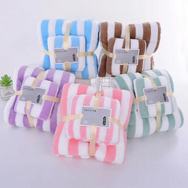 Polyester Towel Bath Towel Sets Wide Striped Colorful Thick Absorbent Coral Fleece Towel
