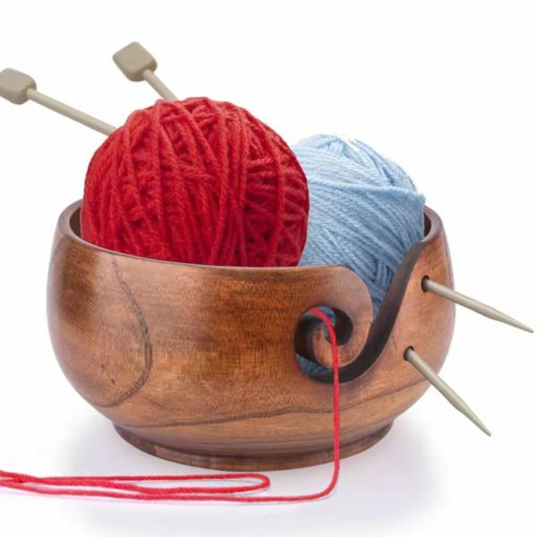 Handmade Wooden Bowl Storage Crochet Knitted Yarn Bowl With Hole