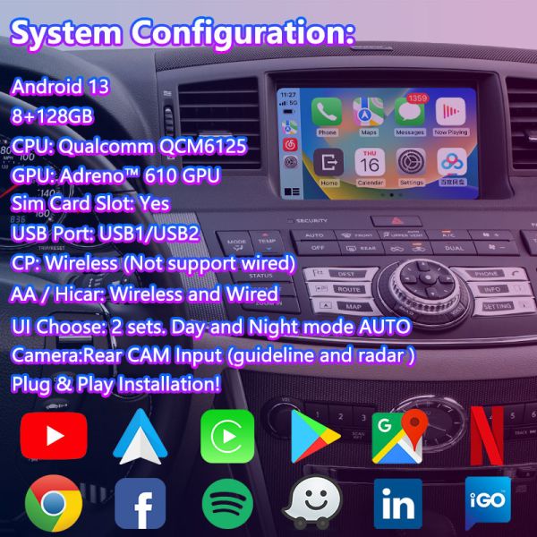 Lsailt 8 Inch HD Android Carplay Screen for Infiniti M Series 2008-2013 With Multimedia Display M25 M30d M37 M56 M35h