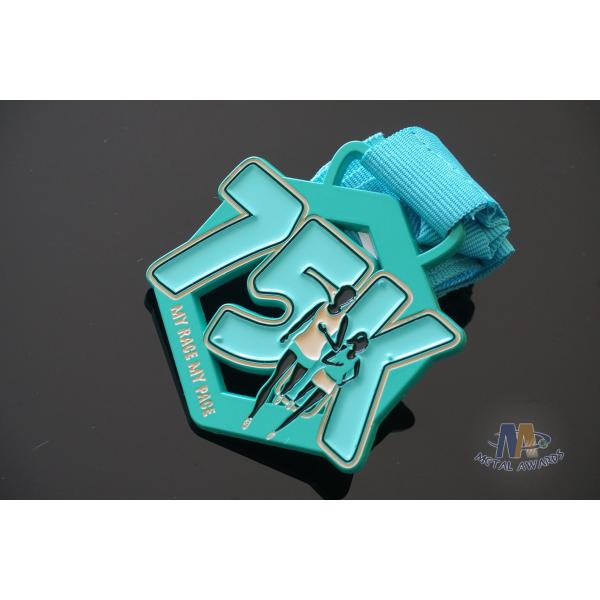 Race 75K Marathon Custom Metal Sports Medals Spray Pontan Colors With Printing Ribbon