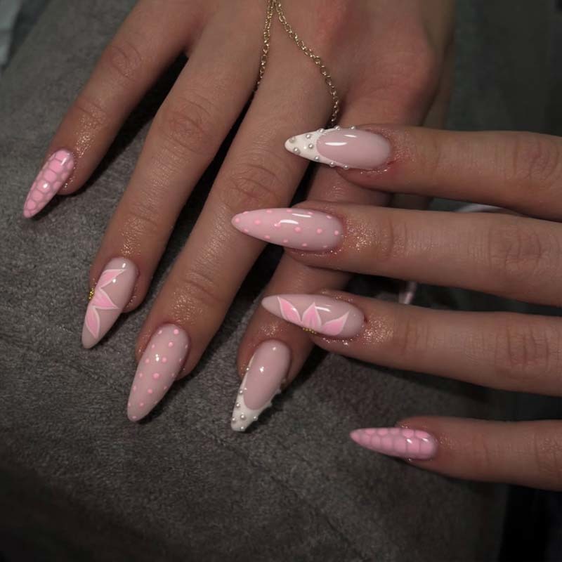 Stiletto 24pcs Pattern Press On Nails Long Polka Dot French Nails