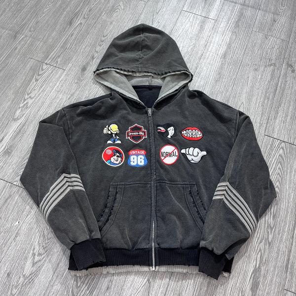 Customized Colors Double Layer Hooded Embroidery Patch Logo Acid Wash Heavy Cotton Zip Up Vintage Hoodie At Affordable