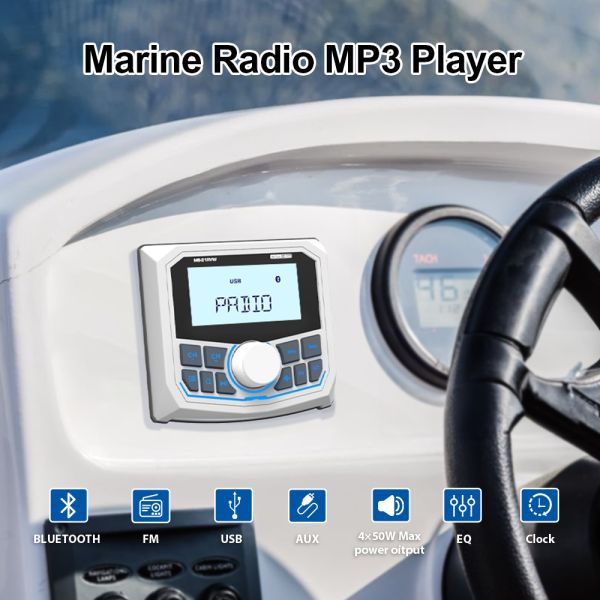 Waterproof Bluetooth Radio Marine Stereo FM AM Digital Media Audio Player+2 Pairs 4 inch Stereo Speakers For ATV UTV Golf Cart Tractor