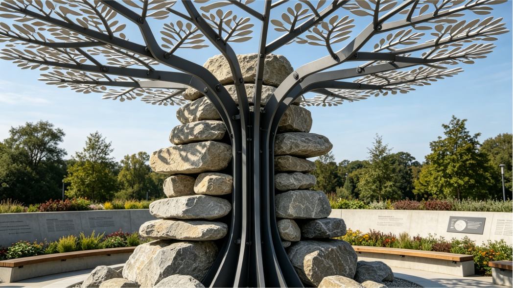 Stainless Steel Tree Sculpture with FRP Imitation Stone Stack Memorial Art Installation 3.5M High