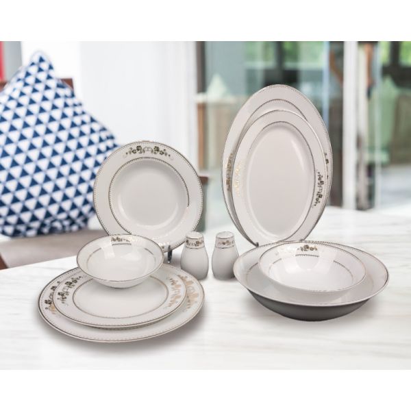35pcs superwhite porcelain dinning set  with blue embossed flower and gold patterm