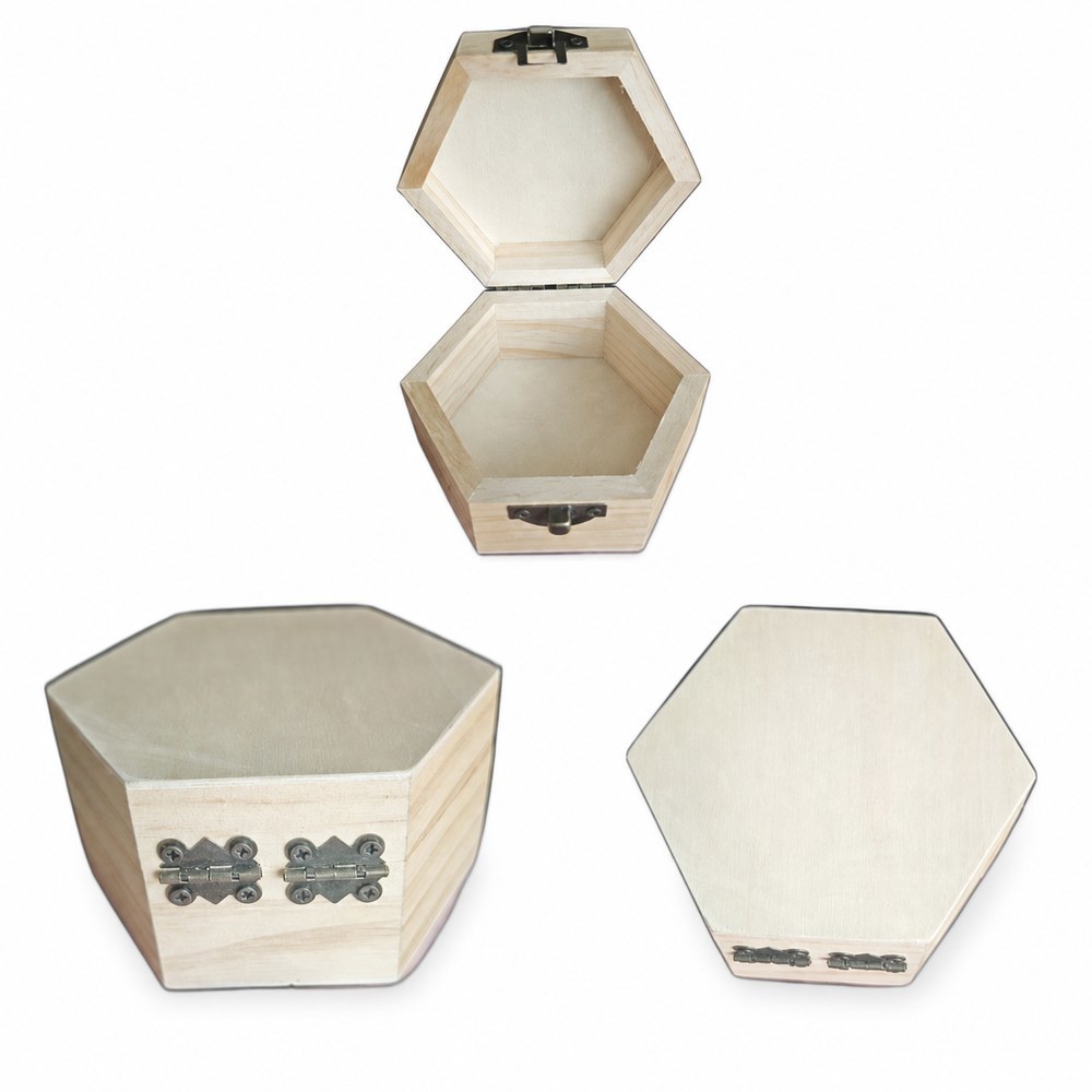 Hexagonal Wooden Trinket Box with Hinged Lid